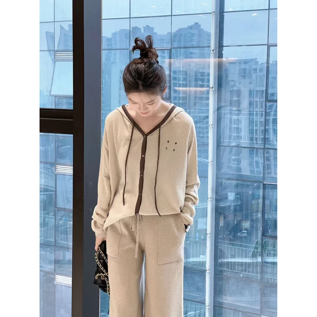 510 韩系松弛感纯色连帽针织开衫女慵懒薄款宽松上衣