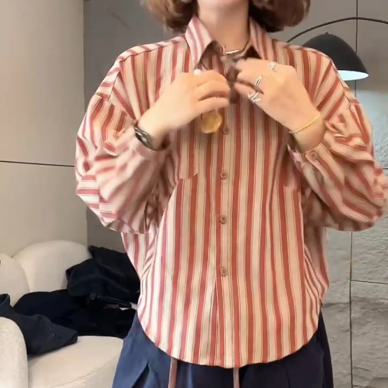 秋季新款百搭条纹长袖宽松休闲上衣衬衫LK2506258