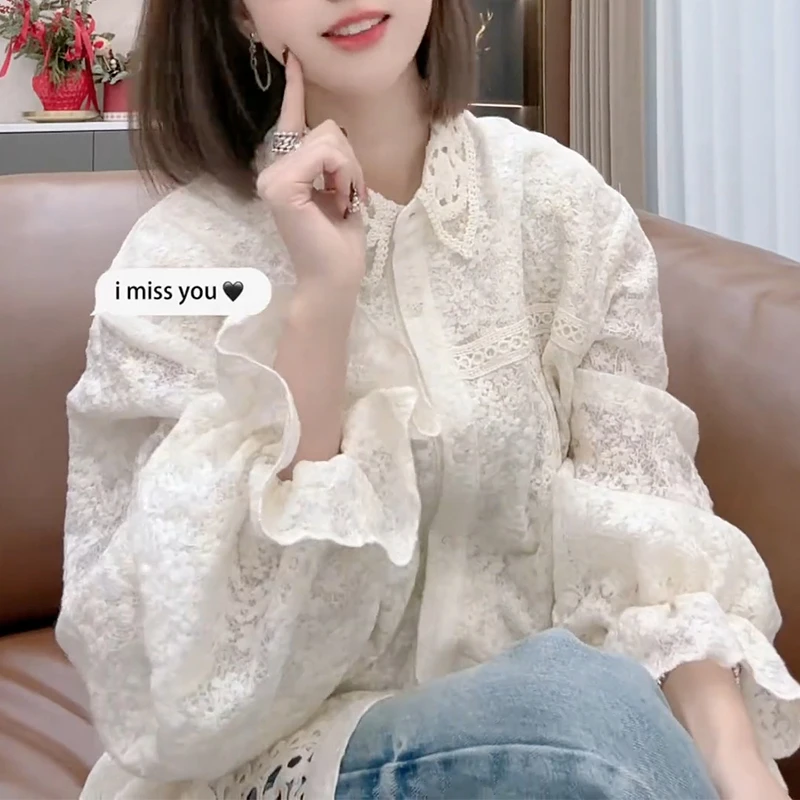 2025春季蕾丝拼接衬衫欧货高端长袖衬衣设计感雪纺小衫女