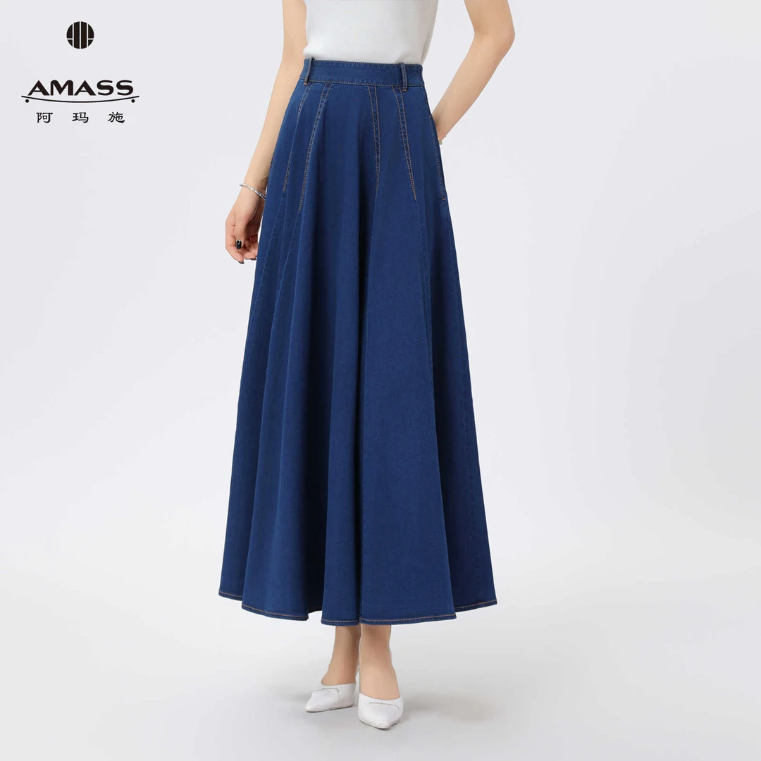 AMASS阿玛施25春夏新款简约气质中长款A字半裙复古牛仔裙女520017