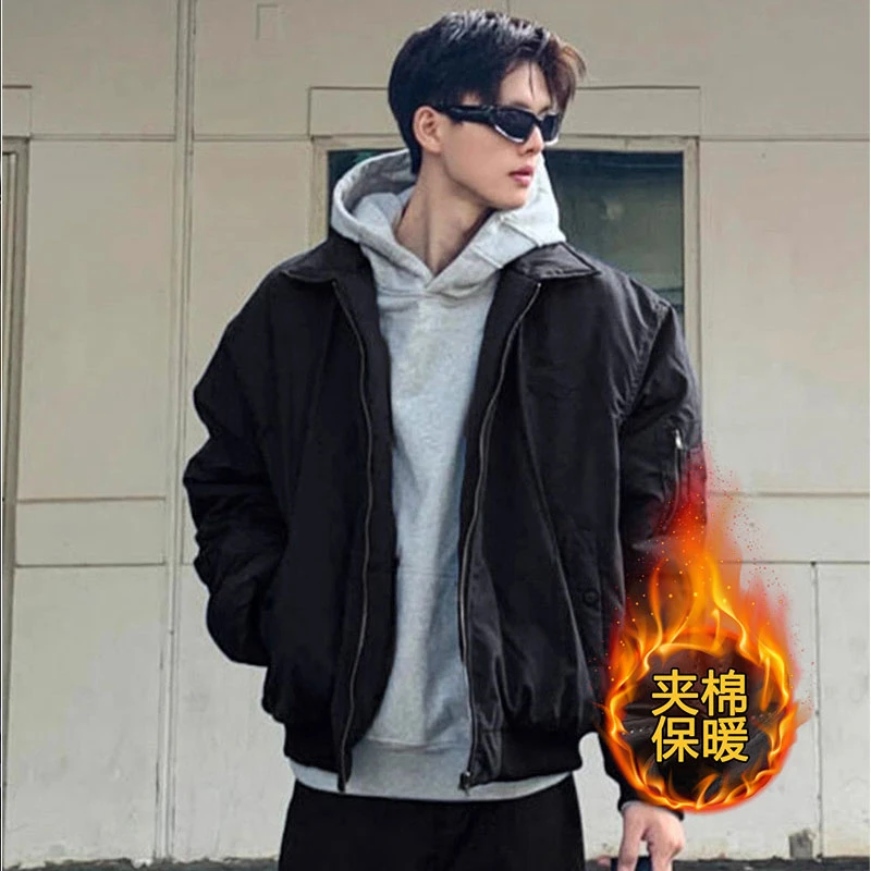 新款纯色男立领标准棉衣棉服百搭时尚翻领宽松型夹克上衣