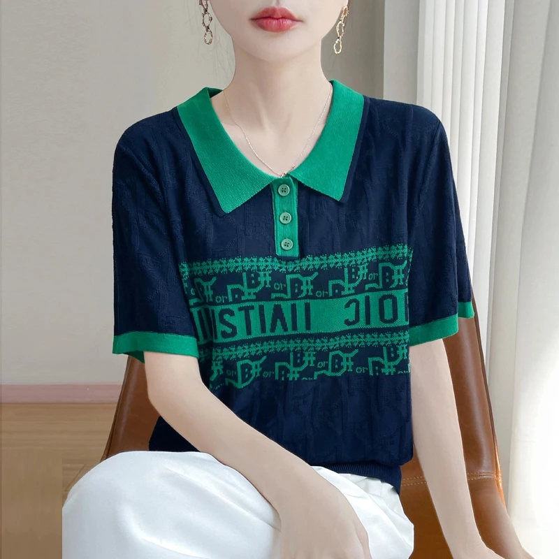 翻领短袖POLO领韩系女士莱赛尔T恤夏装拼接撞色通勤风百搭