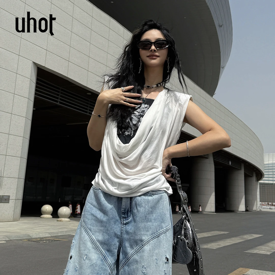 UHOT 白色无袖套头印花荡领两件套上衣女士休闲配：背心UWWR2N634M