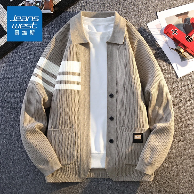 Jeanswest/真维斯春季慵懒风翻领开衫潮流宽松纽扣毛衣 男外套