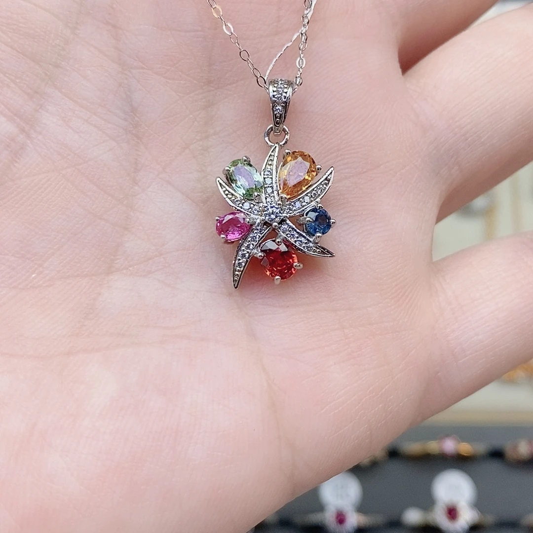 吊坠(赠链)彩色蓝宝石银S925镶嵌