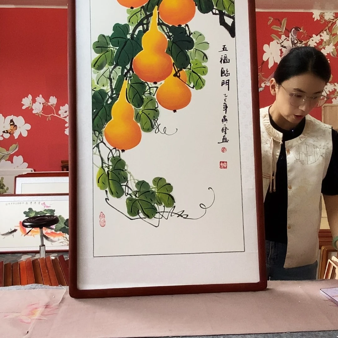 国画手写手绘国画作品带框包邮62✖️122