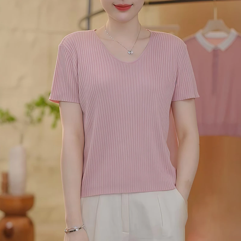 宽松时尚冰丝T恤小个子夏季2025新款洋气清凉v领百搭针织衫上衣女
