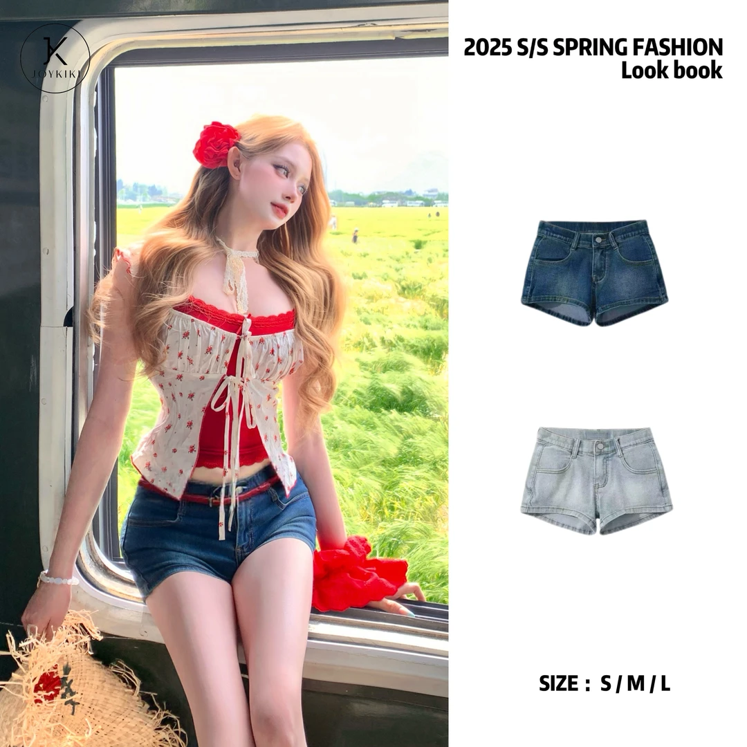 JOYKIKI 金金【超模比例】辣妹少女牛仔做旧短裤（带假胯）J25B003