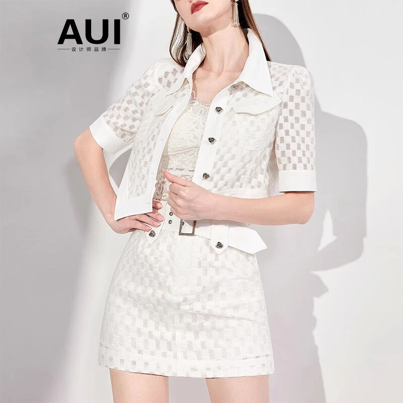 《粉丝专属》AUI设计感格子短外套半身裙套装女新款减龄-23C022278