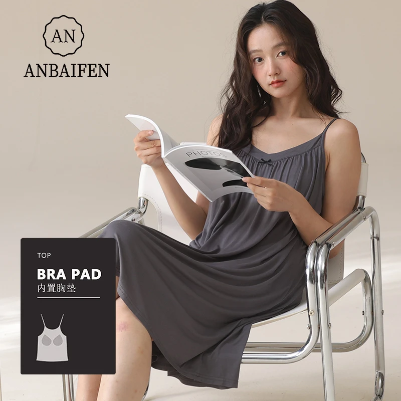 仙女风性感吊带睡裙女士夏季带胸垫时尚莫代尔免穿bar宽松沙滩裙