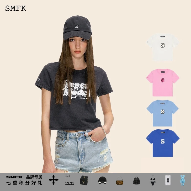 SMFK新款复古印花T恤短袖字母时尚百搭白鹿同款DT005GY 7款