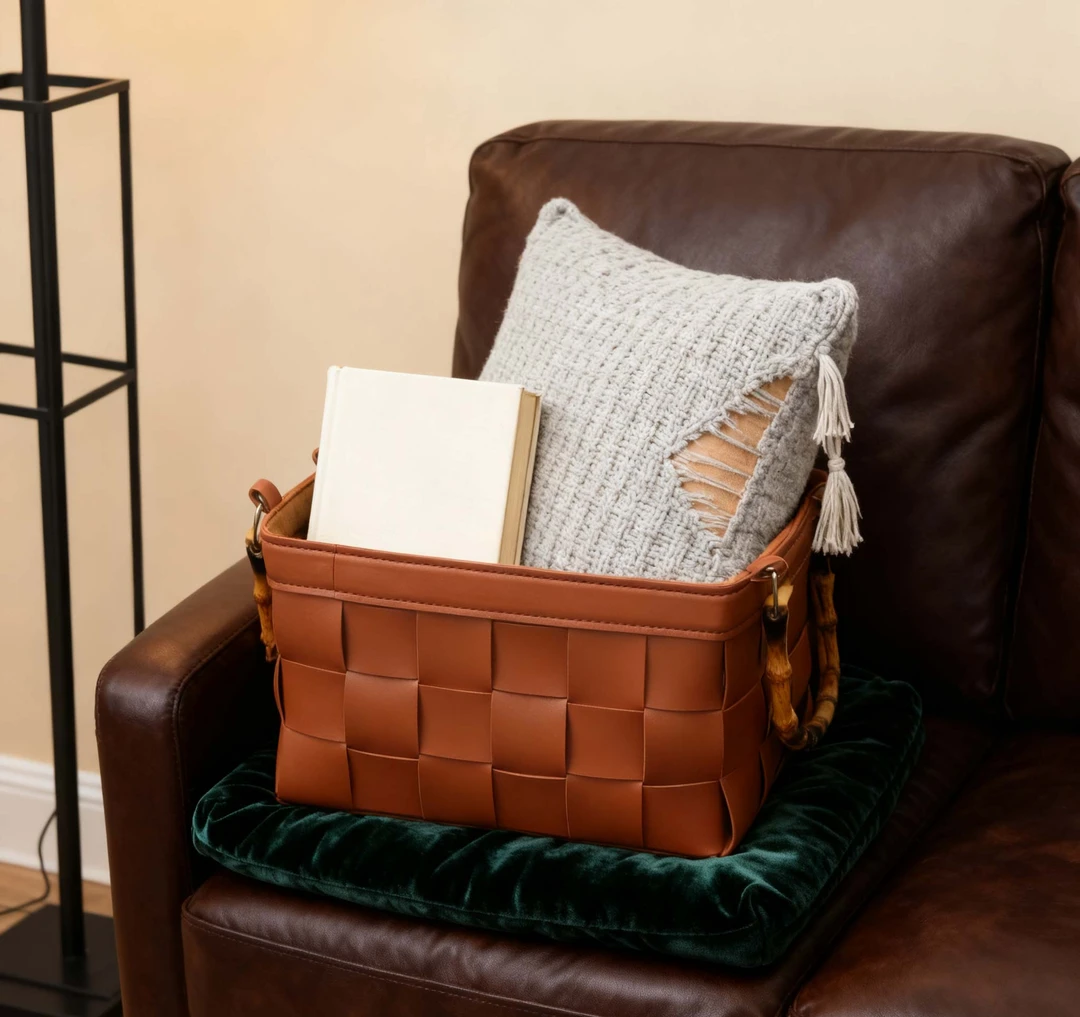 竹节款单皮革收纳篮多场景应用收纳筐手提脏衣篓家用杂物收纳篮