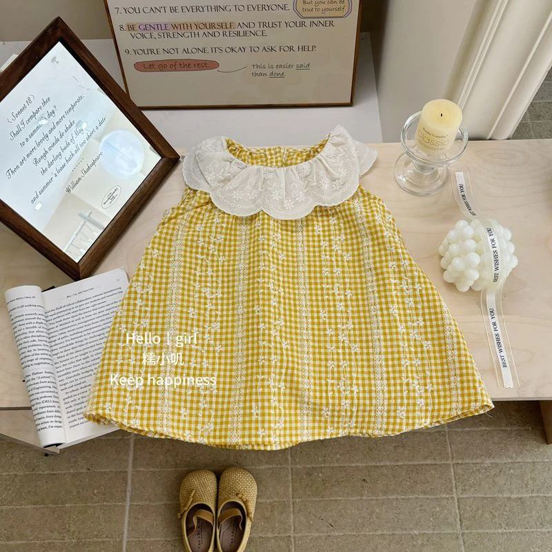 女童夏季荷叶领连衣裙宝宝夏装无袖背心裙黄格纹碎花裙可爱田园风