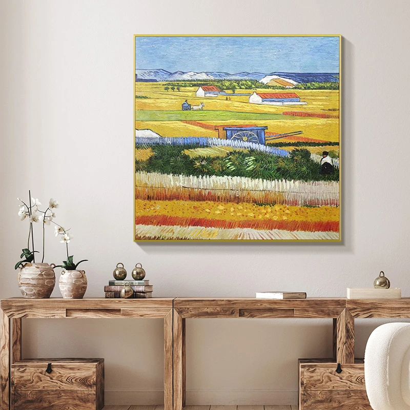 手工砂岩厚油肌理画稻田玄关走廊过道沙发背墙装饰画梵高丰收8080