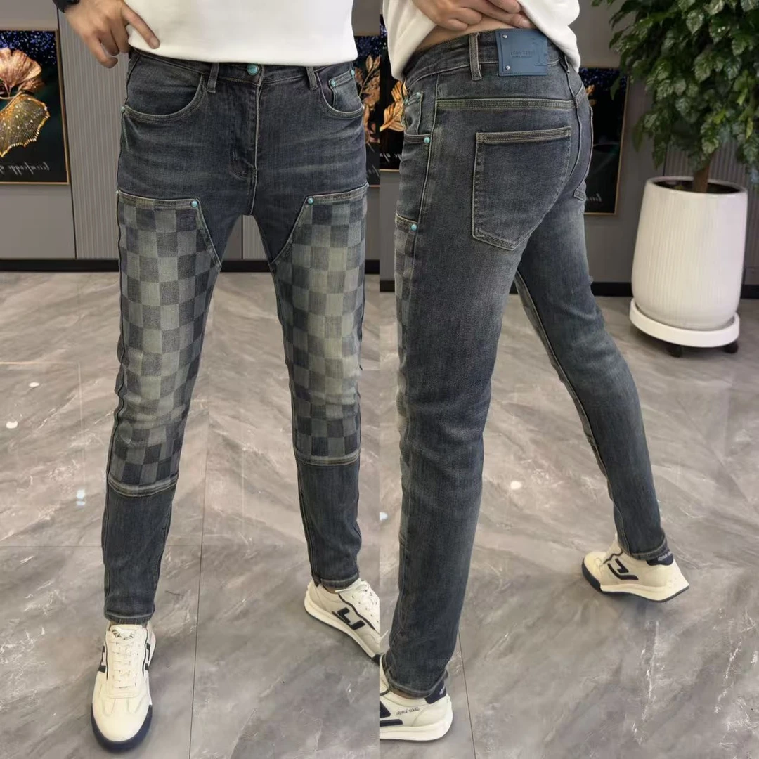 牛仔裤男秋季辛苦棋盘格拼接男士小脚裤牛仔裤男款爆款2025新款