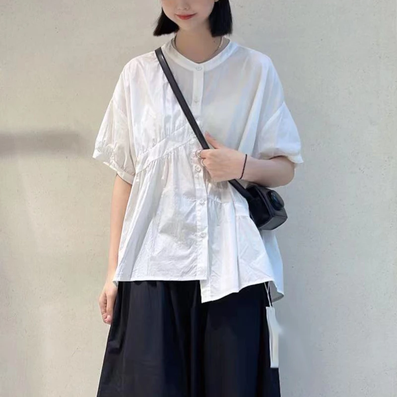 圆领压褶短袖衬衫不对称拼接前短后长宽松大码显瘦小众T恤上衣女