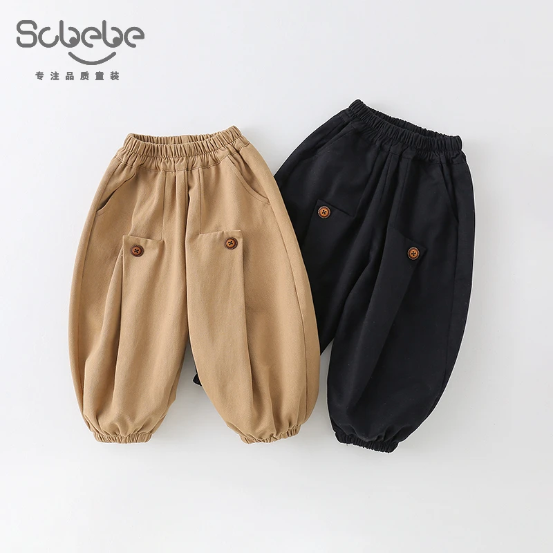 SCBEBE儿童韩版时尚洋气2025新款春季百搭翻褶扣子工装裤CK019