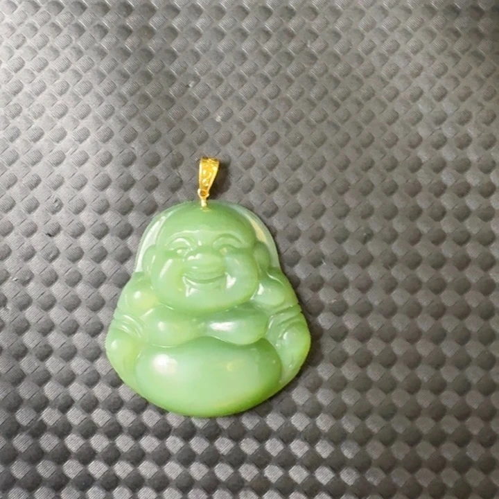颈饰18K金镶嵌和田玉荧光猫眼佛公裸石30