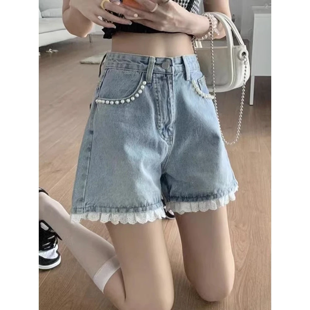 胖MM特大码300斤牛仔短裤女夏季薄款蕾丝花边高腰显瘦阔腿A字热裤