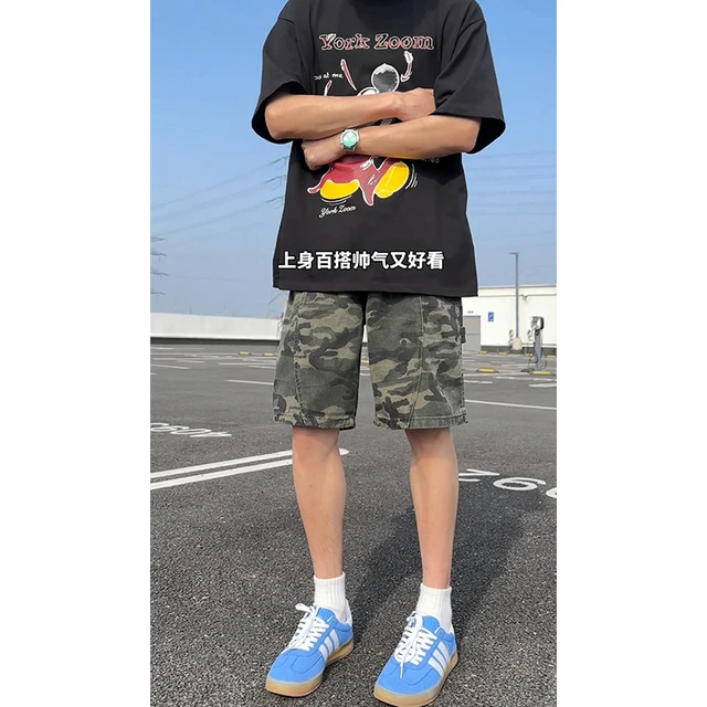 美式复古解构迷彩短裤男夏季vintage牛仔工装裤子潮牌运动五分裤