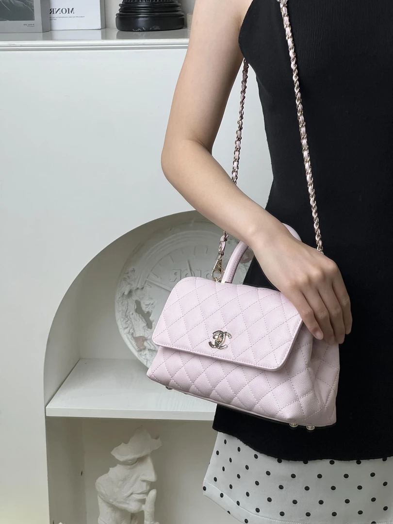 99新 Chanel/香奈儿 cocohandle 小号樱花粉荔枝纹