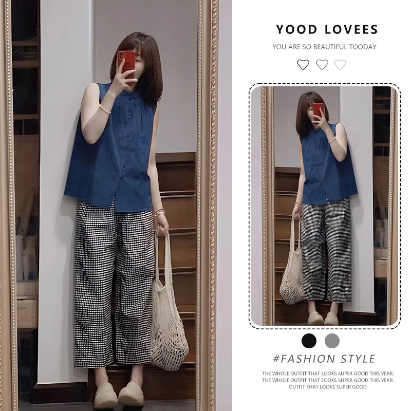 夏日巨好看小个子独特漂亮休闲蓝色牛仔马甲格纹短袖T恤两件套装