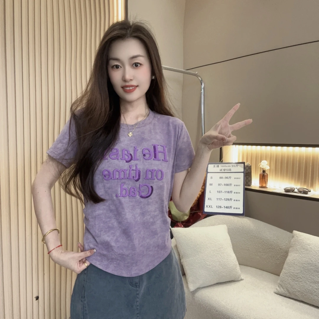 洋气扎染英文正肩短袖T恤女装大码夏季新款百搭显瘦圆领复古上衣