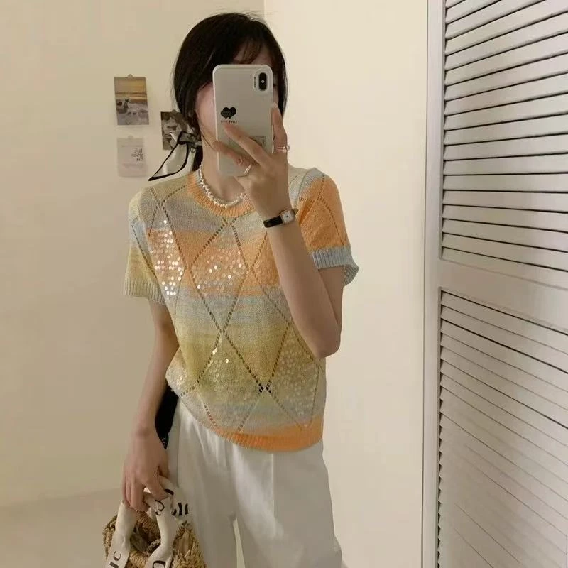 菱形格亮片短袖针织衫2025夏新款韩系少女减龄百搭显瘦。