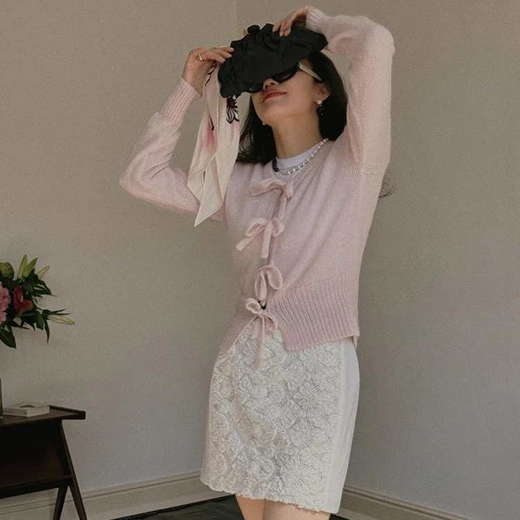 TOPCLOSET 法式少女粉羊毛马海毛混纺系带蝴蝶结针织开衫