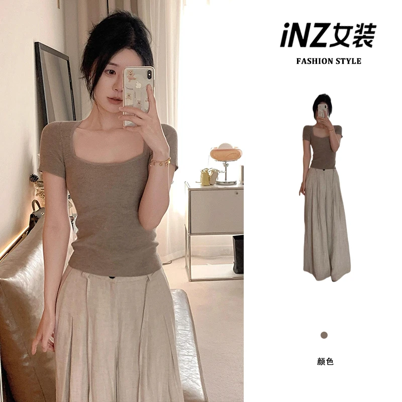 慵懒松弛感极简风方领短袖上衣女夏季高腰宽松垂感休闲长裤两件套