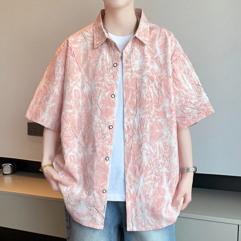 扎染印花夏季短袖男冰丝短袖衬衫青少年潮流男士痞帅薄款外套男装