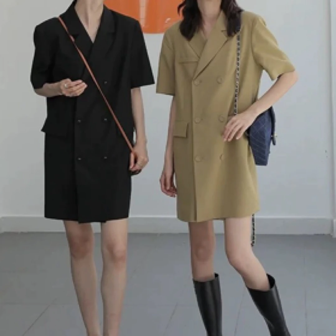 气质轻熟简约显瘦西装连衣裙女夏季韩版洋气宽松休闲双排扣裙子