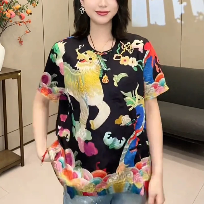 【麒麟献瑞】高档新中式国风女装2025新款时尚中国风上衣短袖6666-1