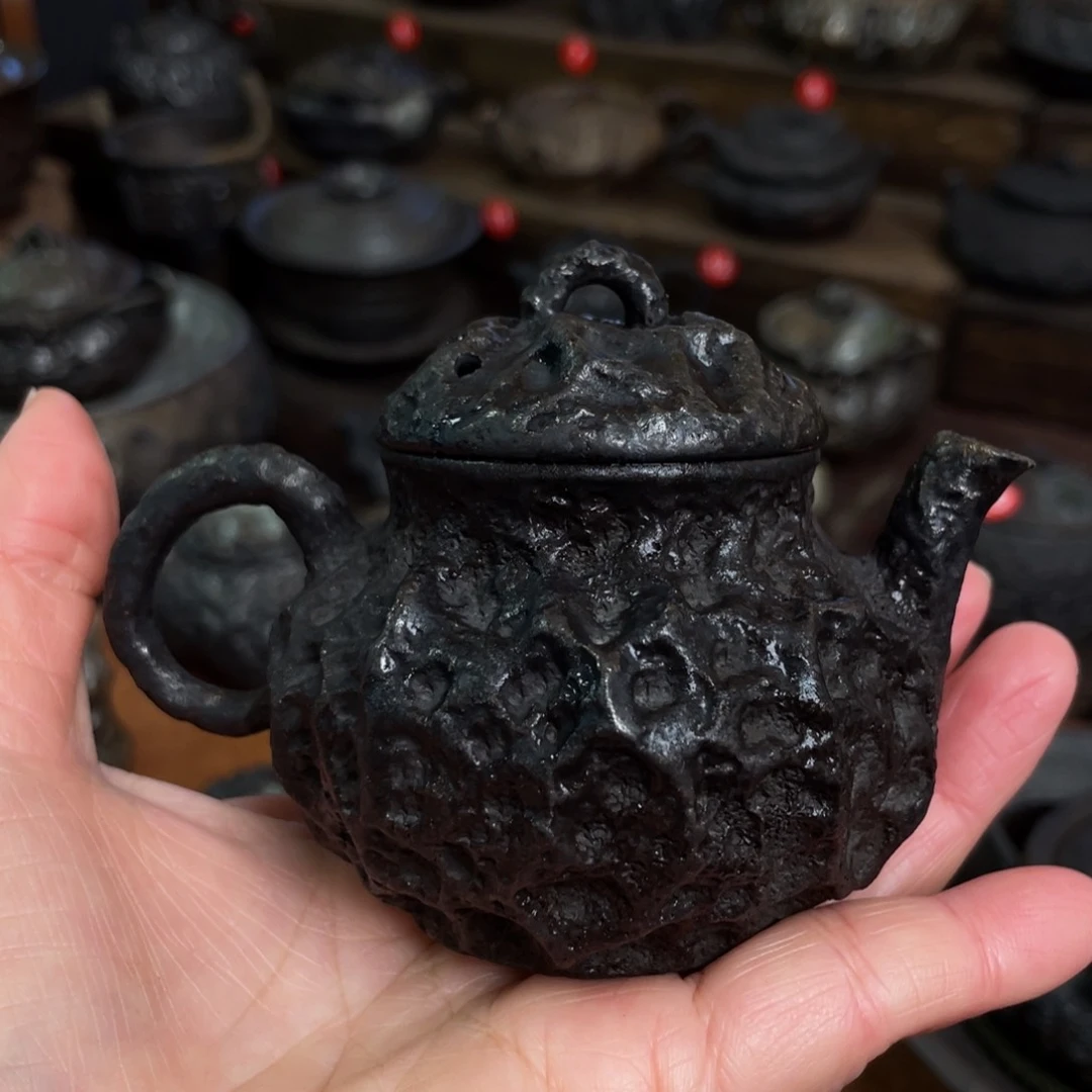 壶手捏复烧炭黑彩柴烧茶器