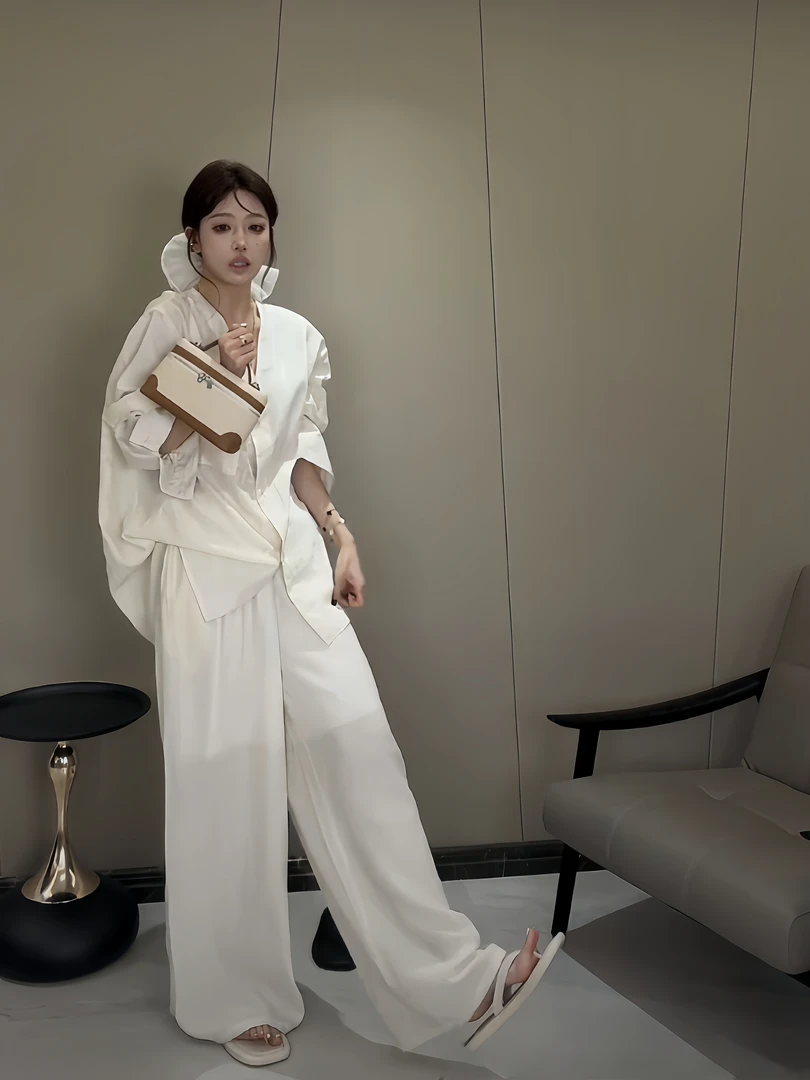 休闲衬衫阔腿裤两件套夏季慵懒老钱风天丝亚麻衬衫套装女