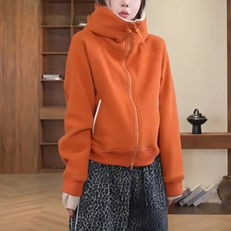 秋冬连帽橘色卫衣女2025新款时尚洋气减龄显瘦加厚颗粒绒外套上衣