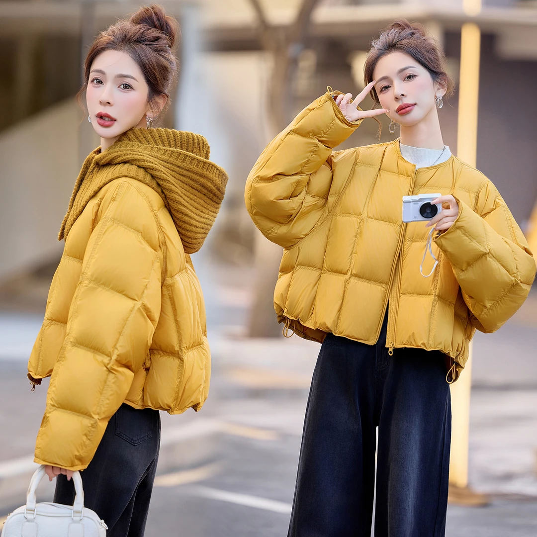 短款羽绒服女2026新款爆款90%白鸭绒冬季宽松圆领送针织帽子干练