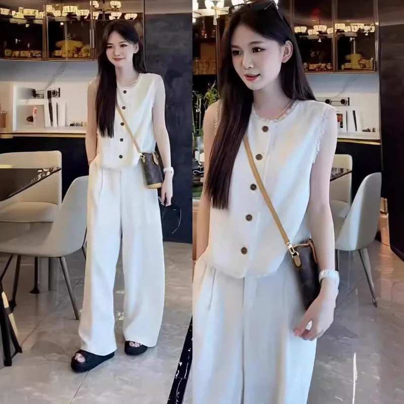 时尚小资背心亚麻马甲套装女2025春高级减龄气质流苏上衣长裤两件