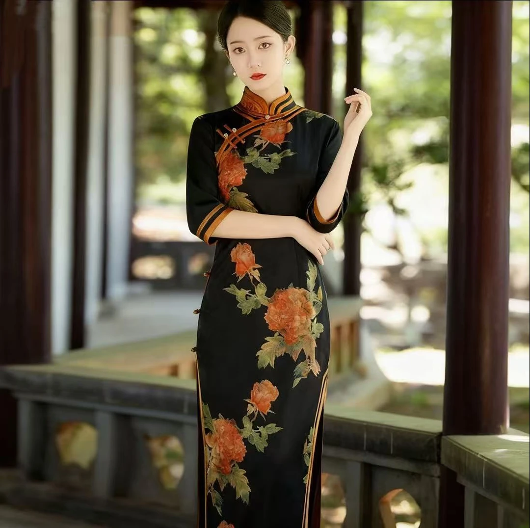 苏州高端【南枝】裙长125CM中国风旗袍袖日常印花旗袍中长款优雅