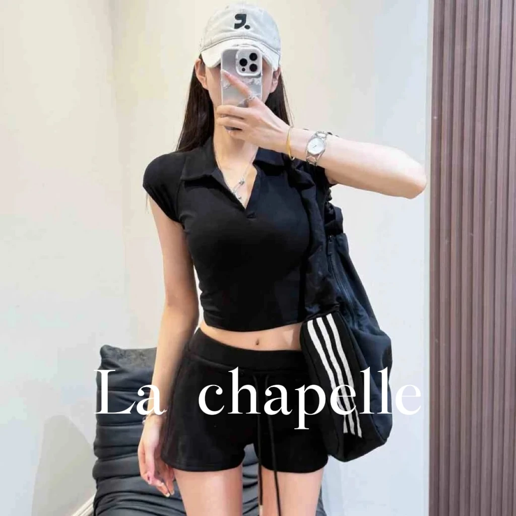 La Chapelle/拉夏贝尔欧美风简约V领短袖修身显瘦翻领短款上衣