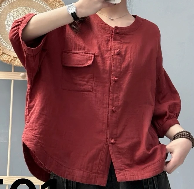 双层纱手工盘口休闲中袖衬衣S003