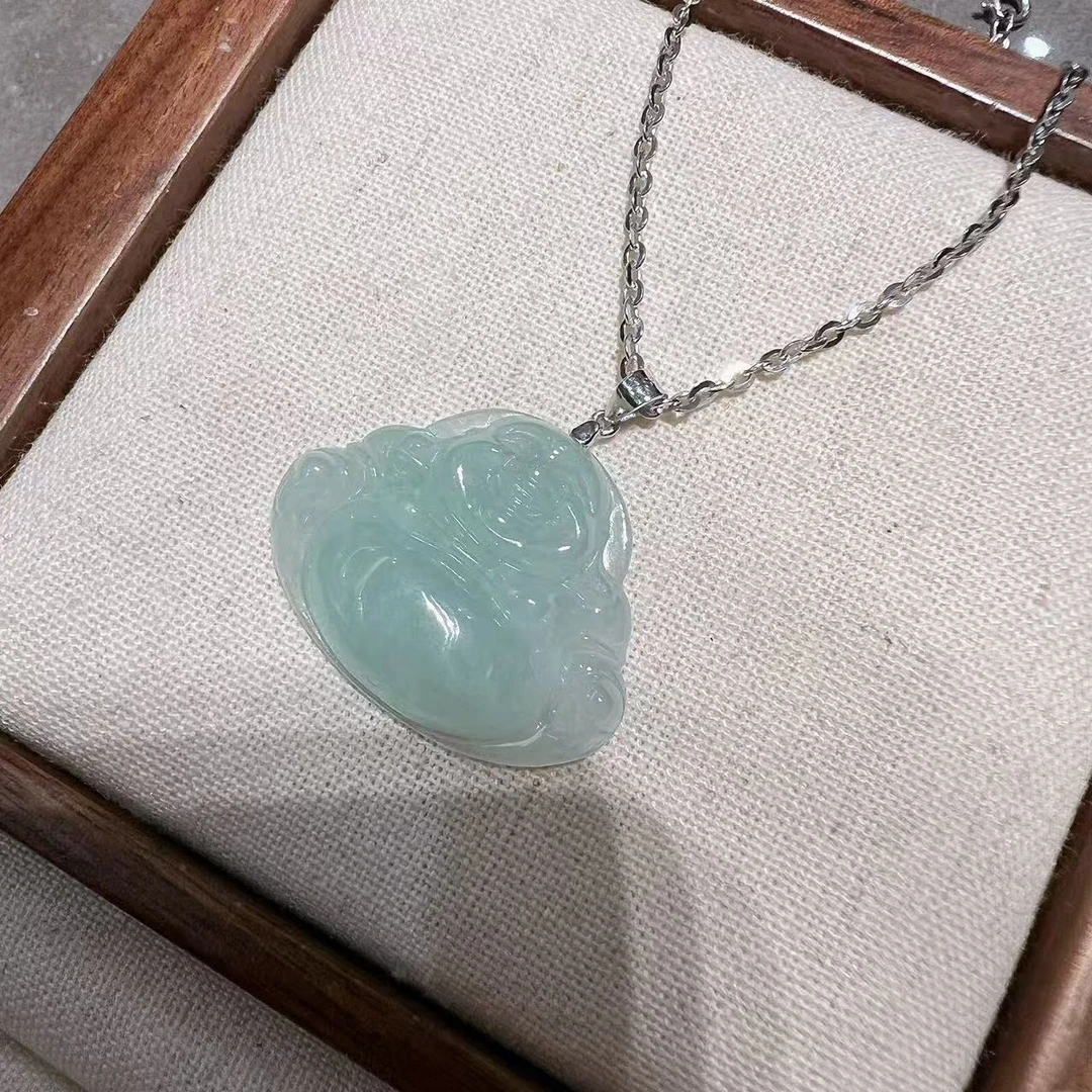 坠链均925银 旺莱 951 浅绿色单扣头佛公弥勒佛项链粗O链