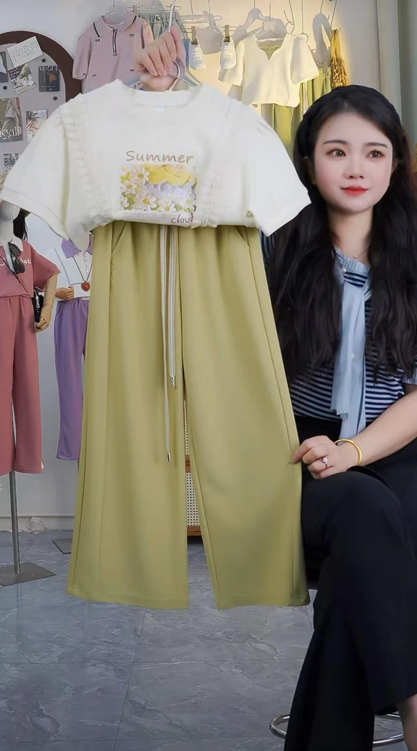 直筒高腰垂感阔腿卫裤女大童套装日系油田画复古女童上衣两件套