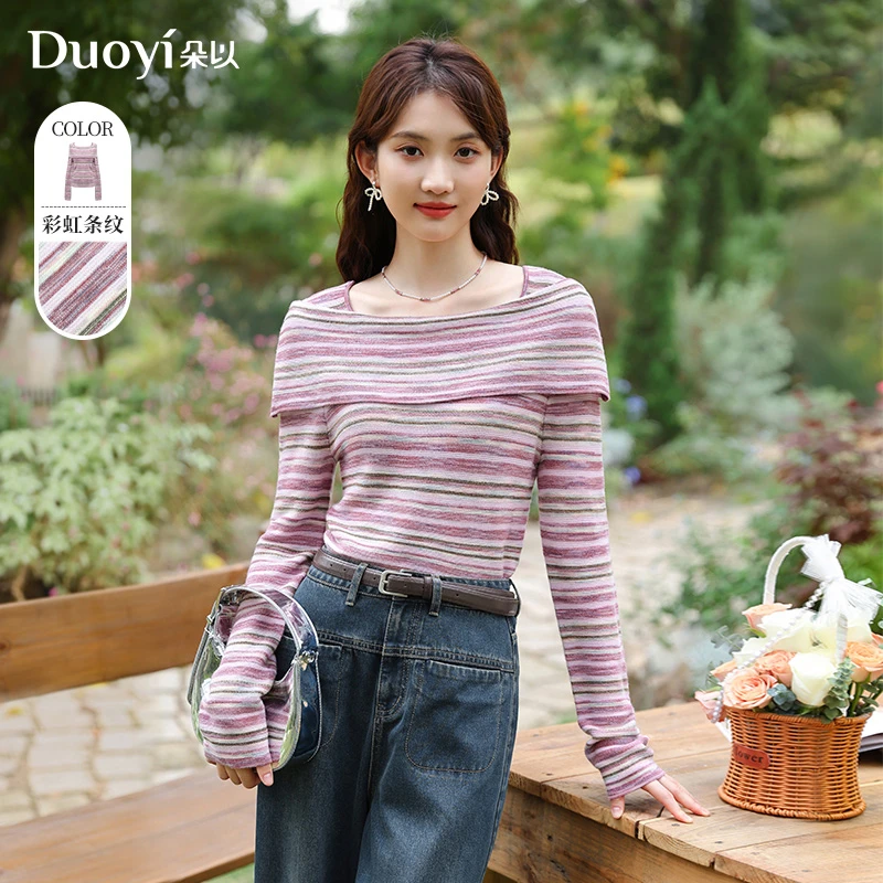 朵以2025春季新款时尚甜美一字领修身条纹套头毛织上衣40VC542007