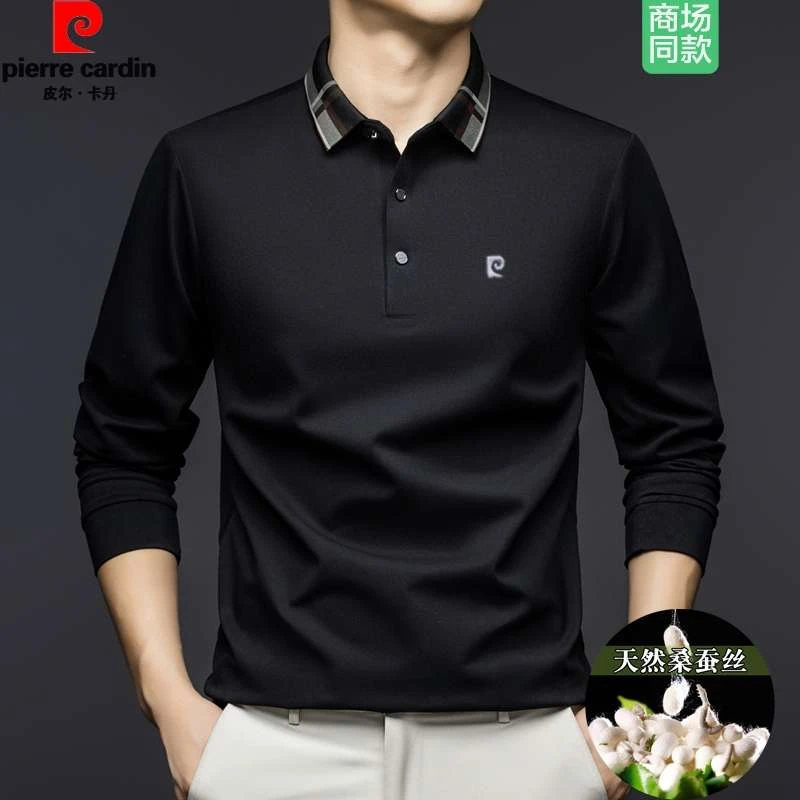 皮尔卡丹正品桑蚕丝长袖T恤男中年爸爸装冬季休闲翻领POLO衫男装
