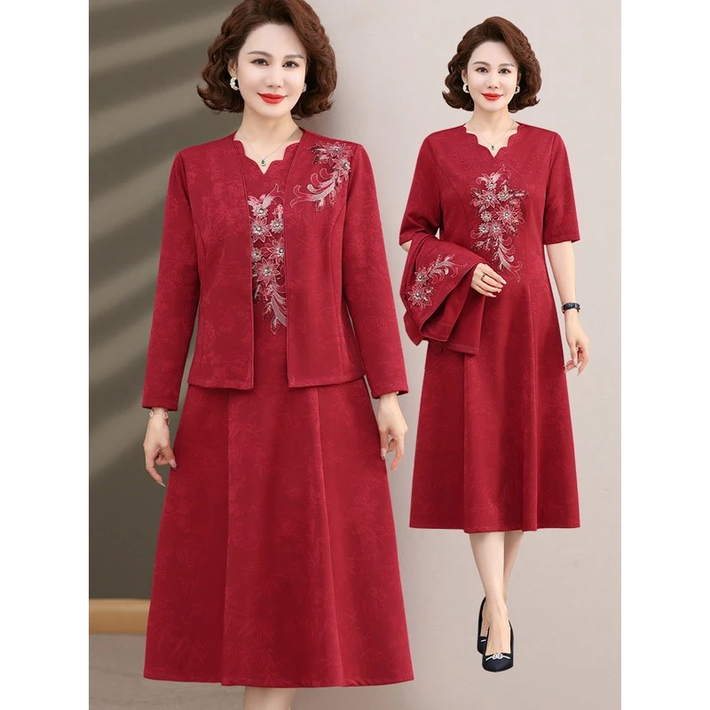 妈妈春装连衣裙宽松长袖裙子绣花两件套喜婆婆绣花裙婚宴礼服新款