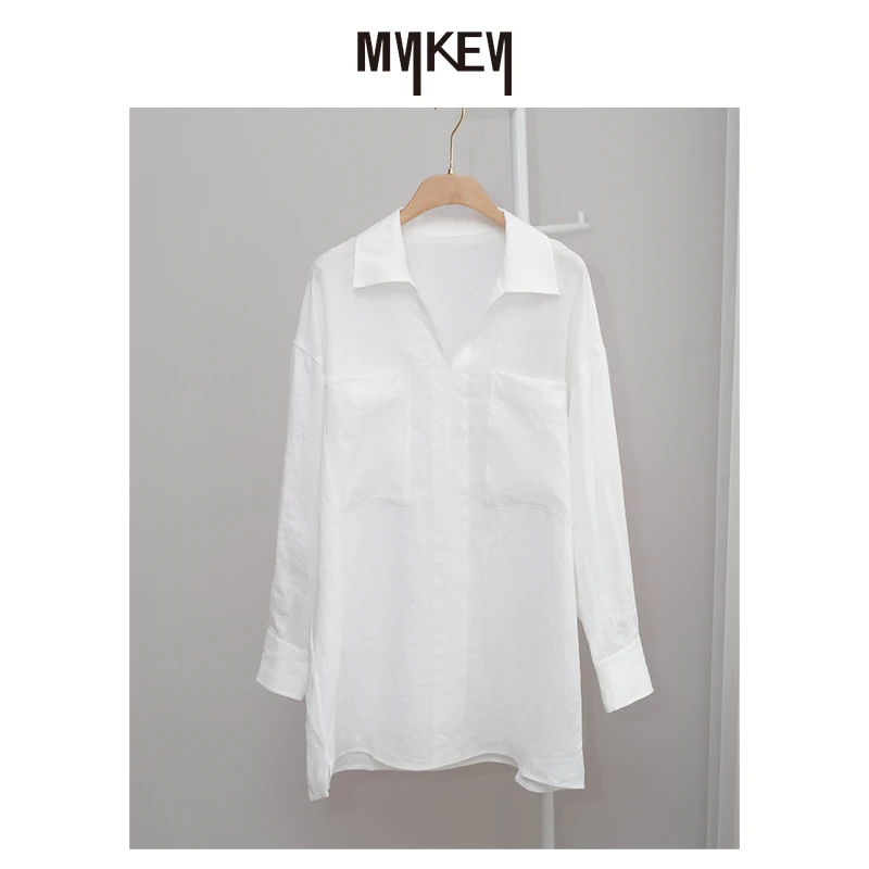 Mykey ·丨慵懒old money 法国进口亚麻V领轻盈感廓版白衬衫连衣裙