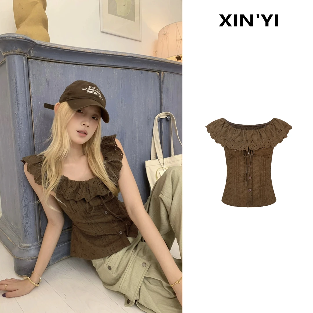 蕾丝花边小飞袖衬衫女夏季修身短款无袖衬衣吊带背心上衣L 8825#