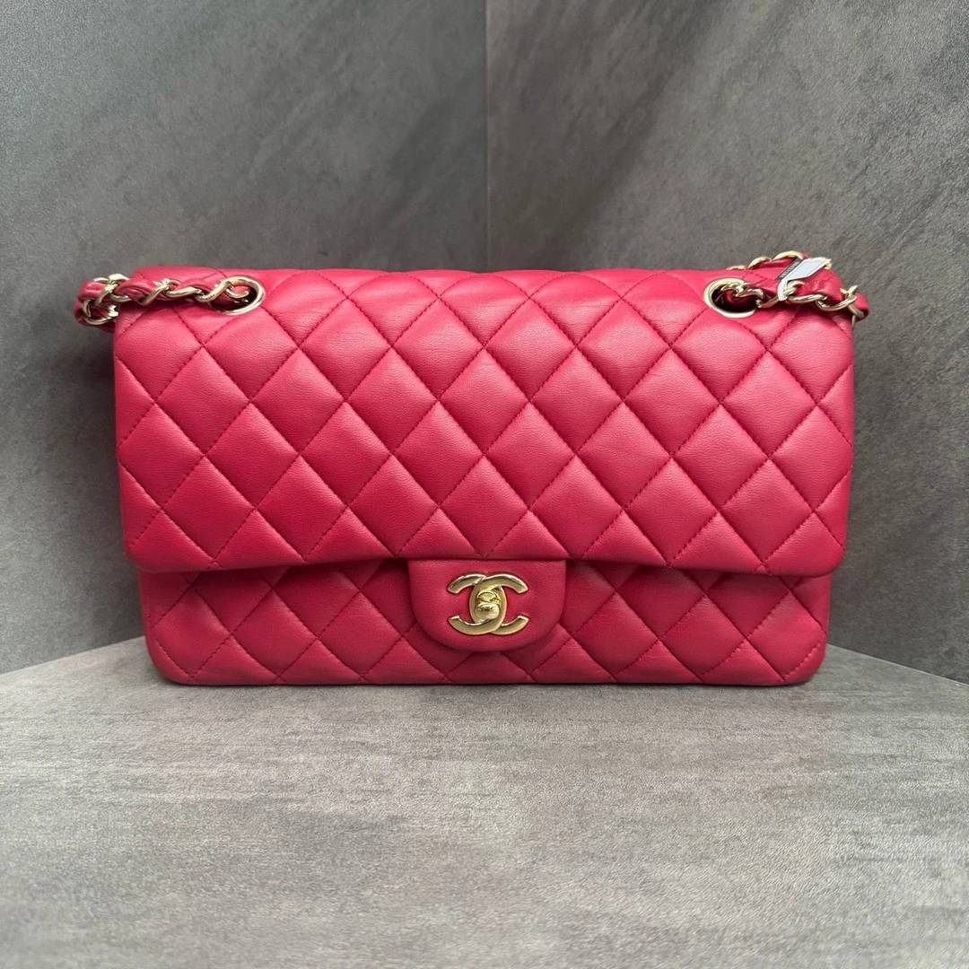 95新 Chanel/香奈儿 Chanel香奈儿 cf 中号 红色羊皮金扣 21开