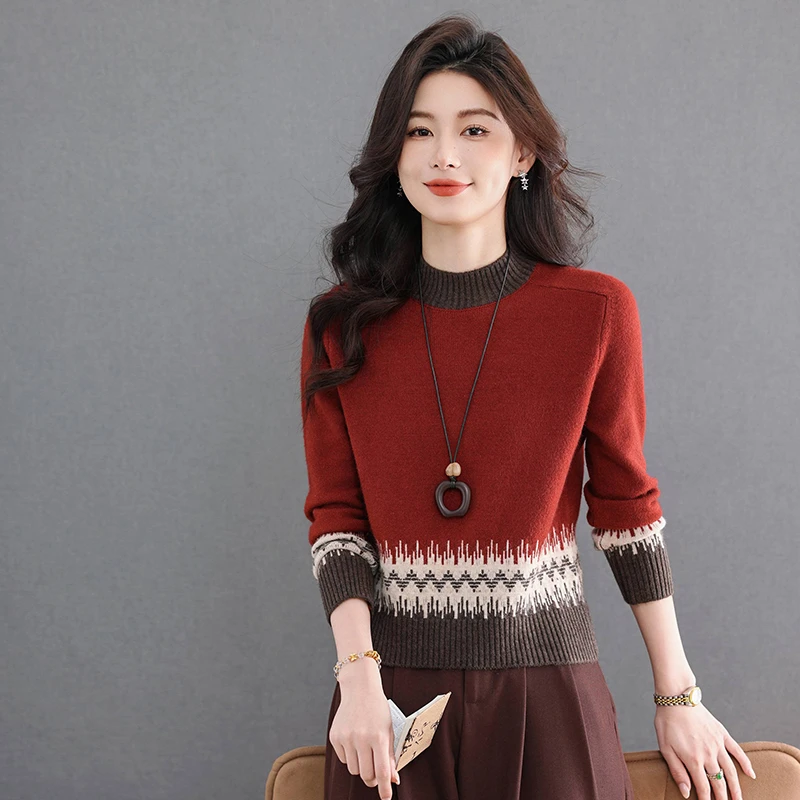 正品女装高腰短款羊毛衫秋冬新款拼色提花小个子配裙子打底针织衫